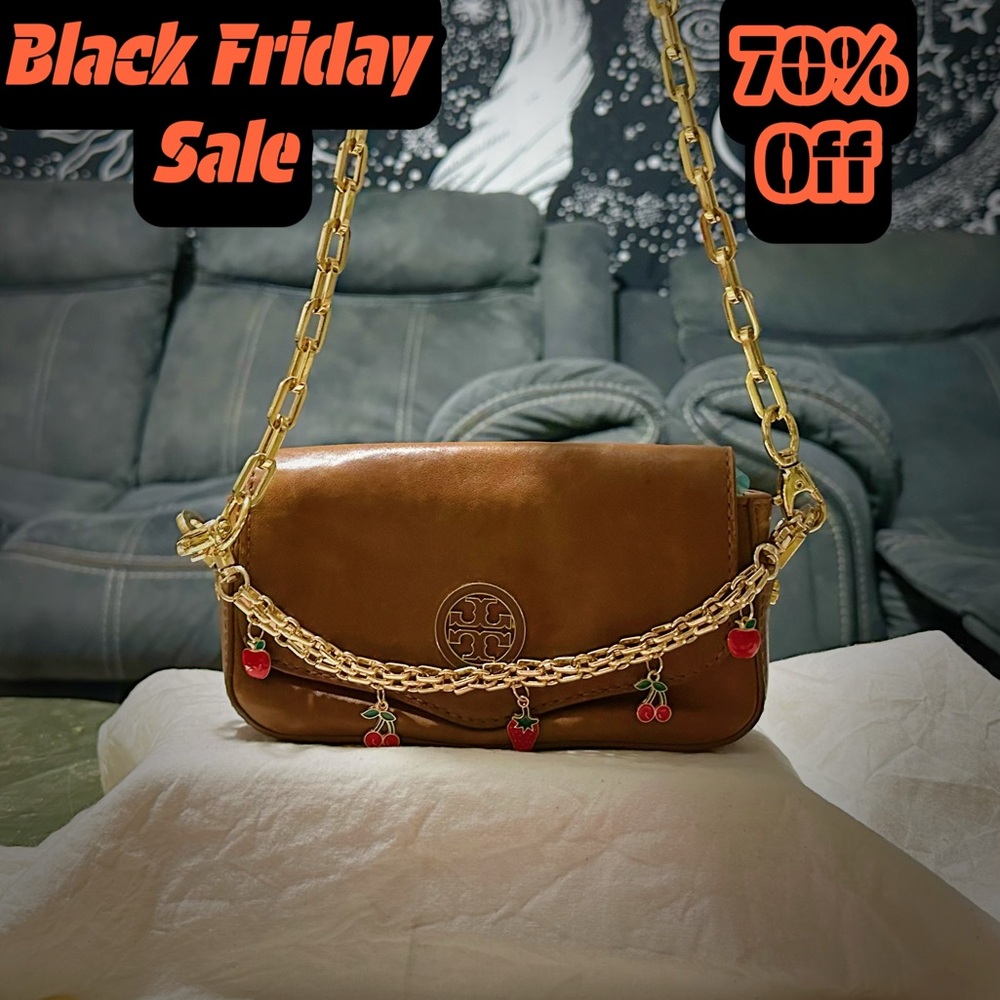 Rare Vintage Tory Burch Brown Leather small Crossbody bag with Gold Chain - Picture 1 of 12